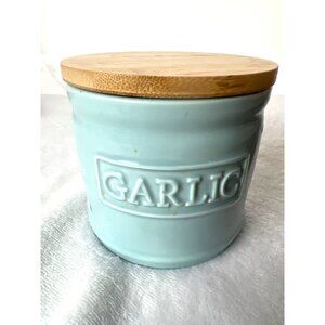 Garlic Saver Ceramic Farmhouse Style with Wooden Lid Mint Blue Preserver